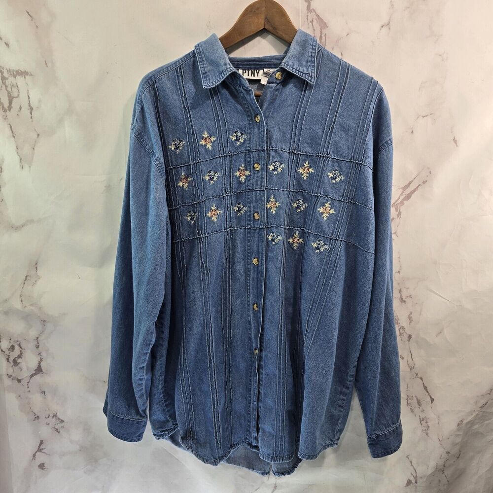 Vintage Shirt Womens 2X 90s Denim Jean Chambray Embroidered Floral Button Up